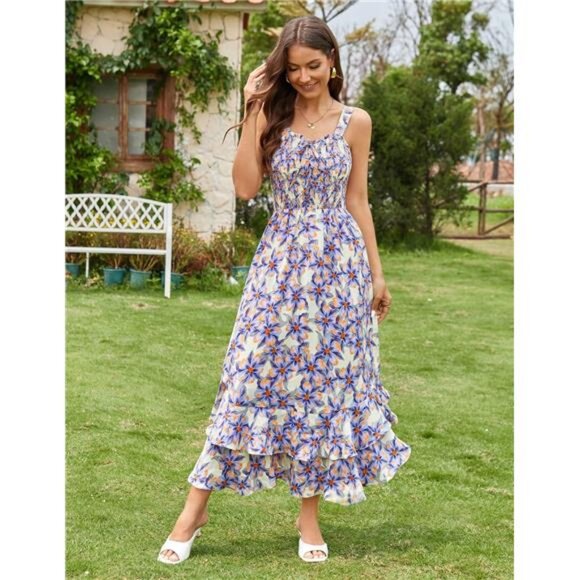 Women's Summer Floral Boho Dress Square Neck 05 - Picture 6 of 7